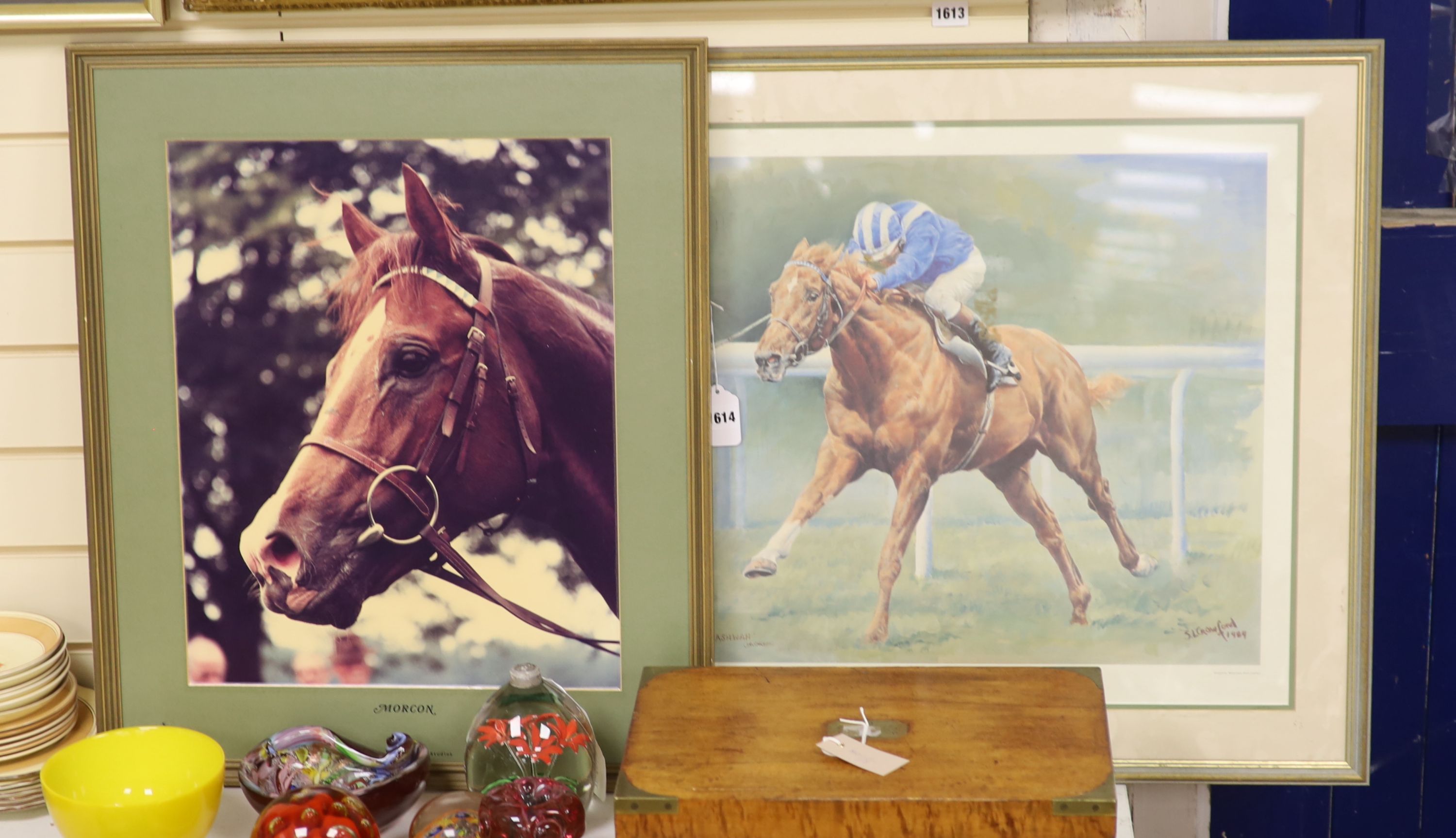 S.L. Crawford, limited edition print, Nashwan, signed by the jockey, 50 x 65cm and a photograph of a horse